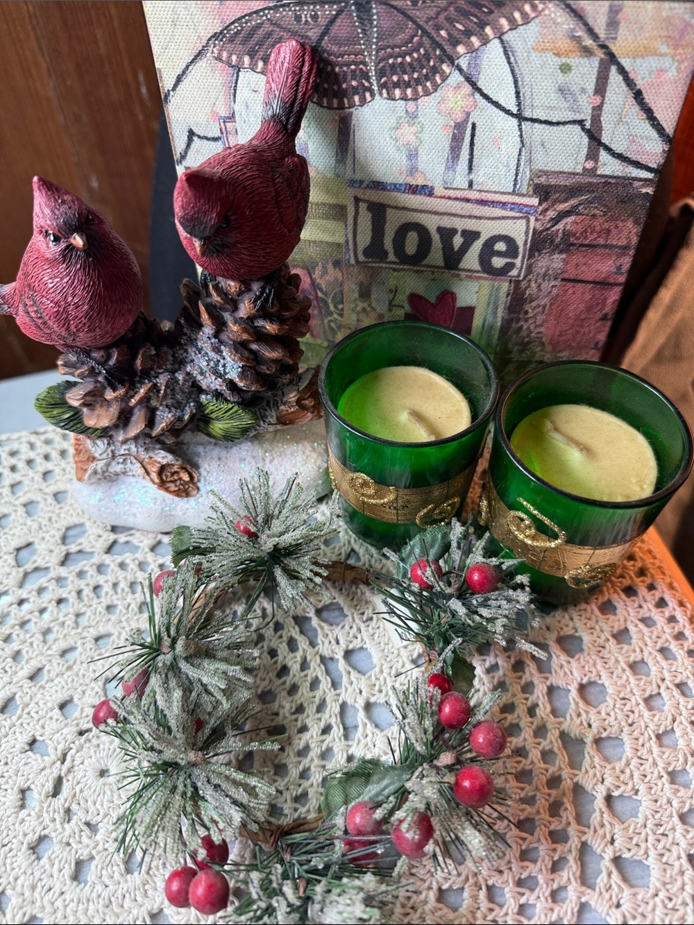 Festive Red Cardinal Pinecone Figurine with Green Glass Candle Holders